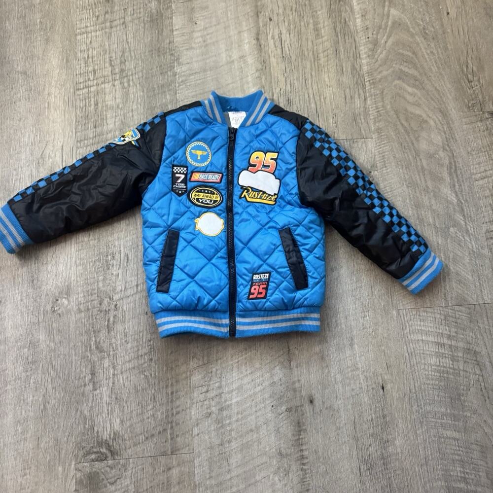 Disney Store Boys Cars Lightning McQueen Patch Quilted Bomber Jacket Sz 4 Boys